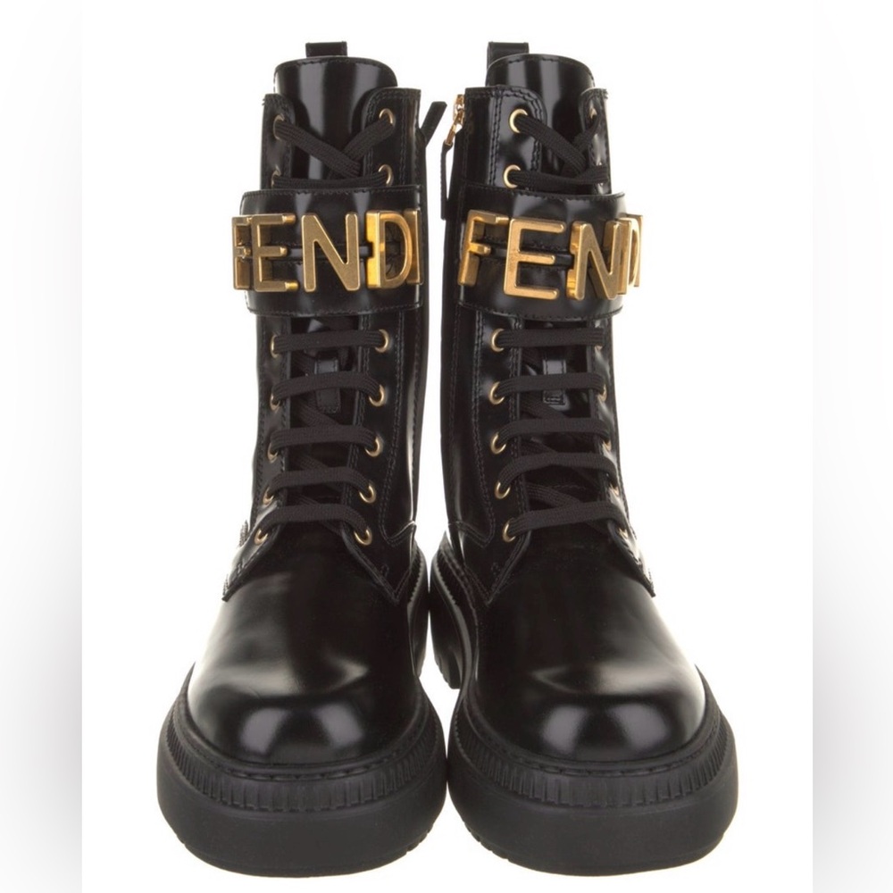 Fendi Black Leather Lace-Up Combat Boots with Gold Logo Buckle